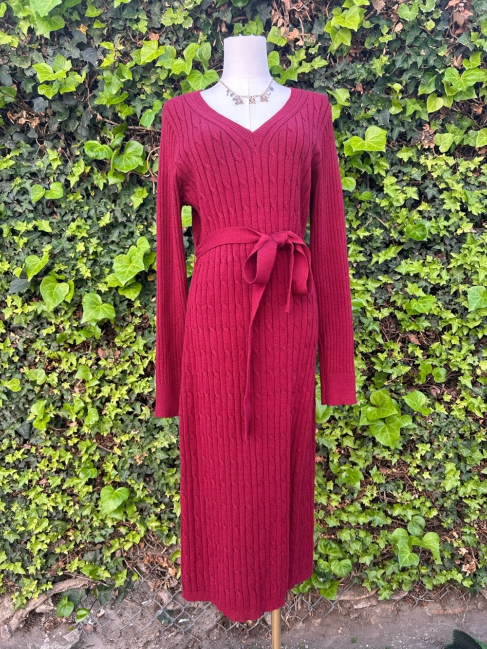 Fall Sweater Dress NWT Cable Knit Maxi Slit Long Sleeve Belted Burgundy Academia